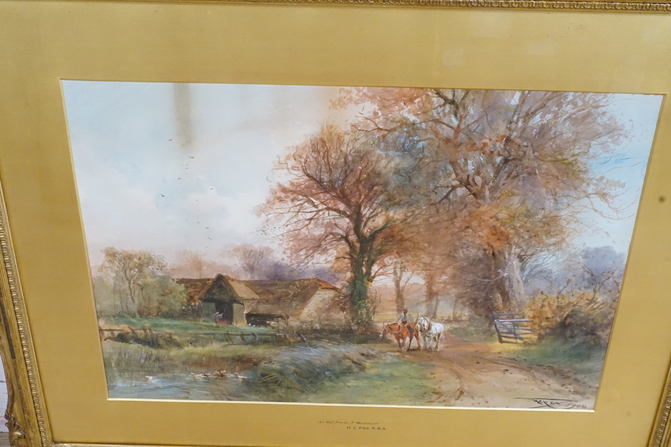 Henry Charles Fox RBA (1860-1925), pair of watercolours, 'Lane scene at Preston, Weymouth' and 'An old farm near Haslemere', signed and dated 1907/1908, 38 x 55cm